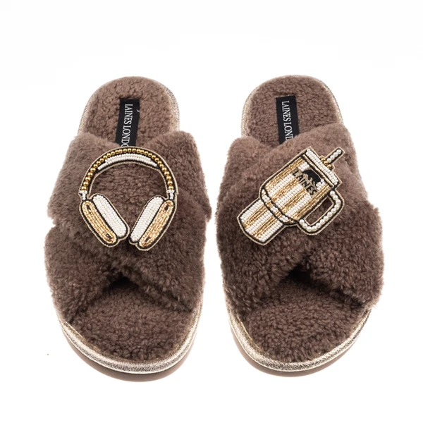 laines london Laines Neutral Boucle Slippers With Headphones & Quencher Brooches