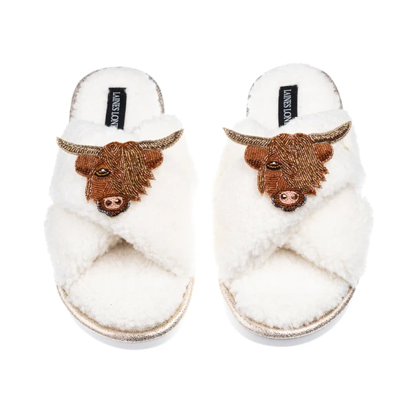Laines London Laines Neutral Boucle Slippers With Highland Cow Brooches