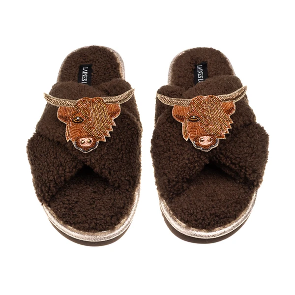 Laines London Laines Neutral Boucle Slippers With Highland Cow Brooches