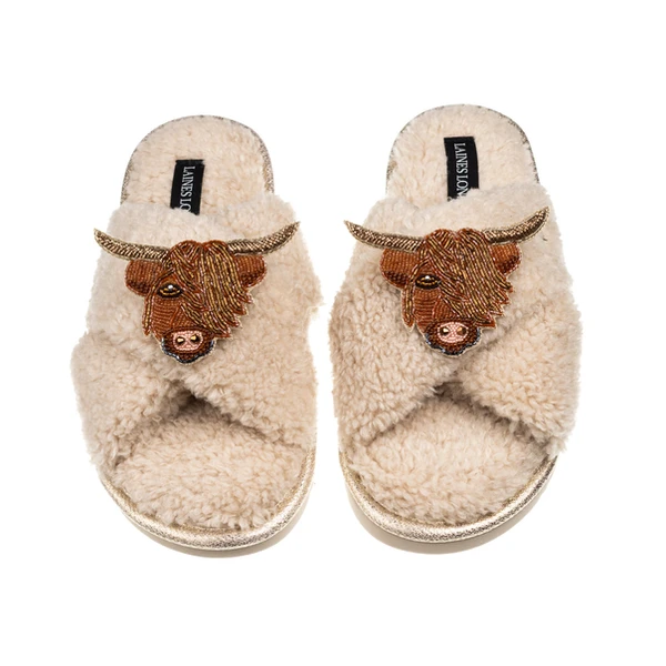 Laines London Laines Neutral Boucle Slippers With Highland Cow Brooches