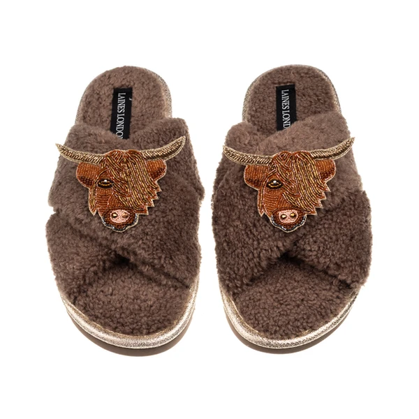 laines london Laines Neutral Boucle Slippers With Highland Cow Brooches laines london Laines Neutral Boucle Slippers With Highland Cow Brooches