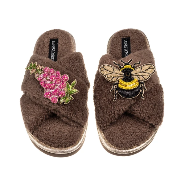 Laines London Laines Neutral Boucle Slippers With Honeybee & Pink Foxglove Flower Brooches