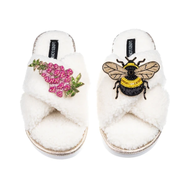 Laines London Laines Neutral Boucle Slippers With Honeybee & Pink Foxglove Flower Brooches