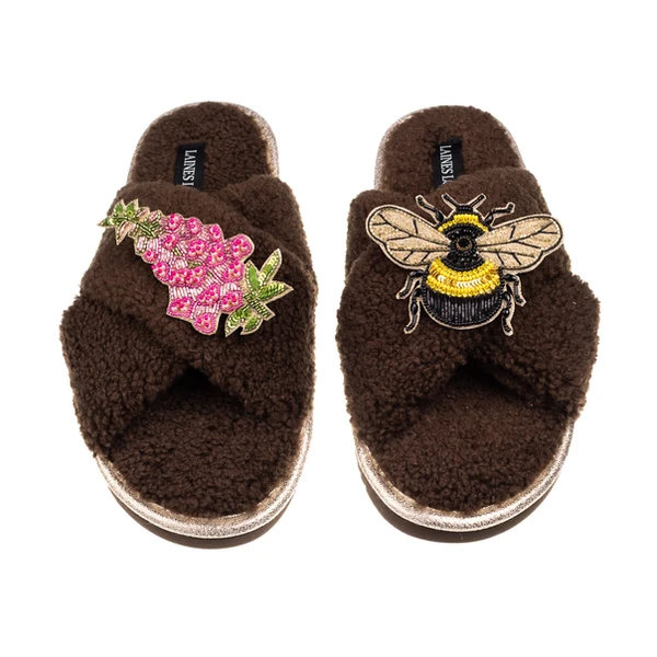 Laines London Laines Neutral Boucle Slippers With Honeybee & Pink Foxglove Flower Brooches