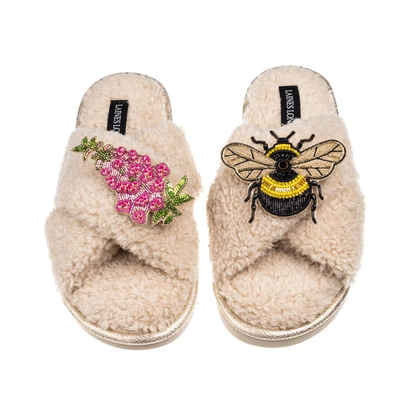 laines london Laines Neutral Boucle Slippers With Honeybee & Pink Foxglove Flower Brooches