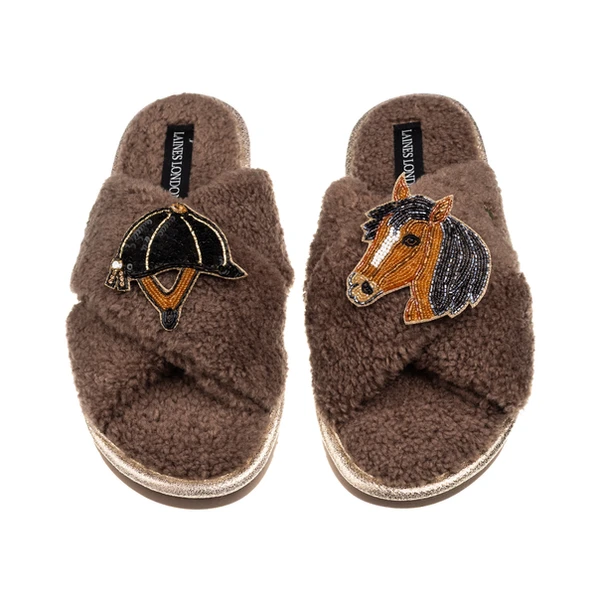 Laines London Laines Neutral Boucle Slippers With Horse & Riding Hat Brooches