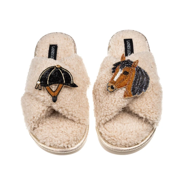 Laines London Laines Neutral Boucle Slippers With Horse & Riding Hat Brooches