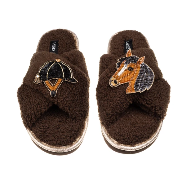 laines london Laines Neutral Boucle Slippers With Horse & Riding Hat Brooches
