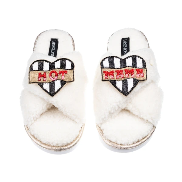 Laines London Laines Neutral Boucle Slippers With Hot Mama Brooches