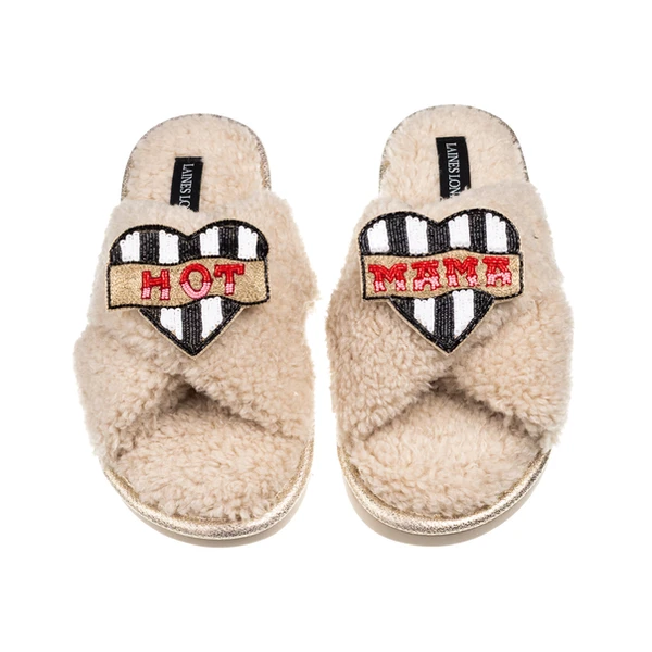 Laines London Laines Neutral Boucle Slippers With Hot Mama Brooches