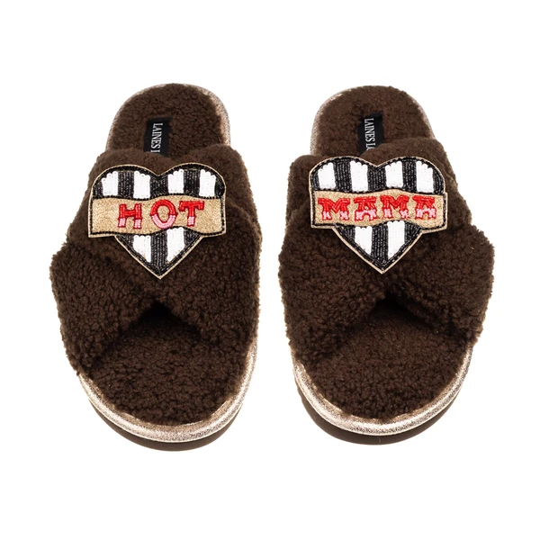 Laines London Laines Neutral Boucle Slippers With Hot Mama Brooches