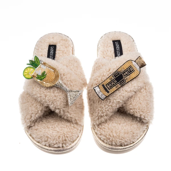 Laines London Laines Neutral Boucle Slippers With Hugo Spritz Brooches
