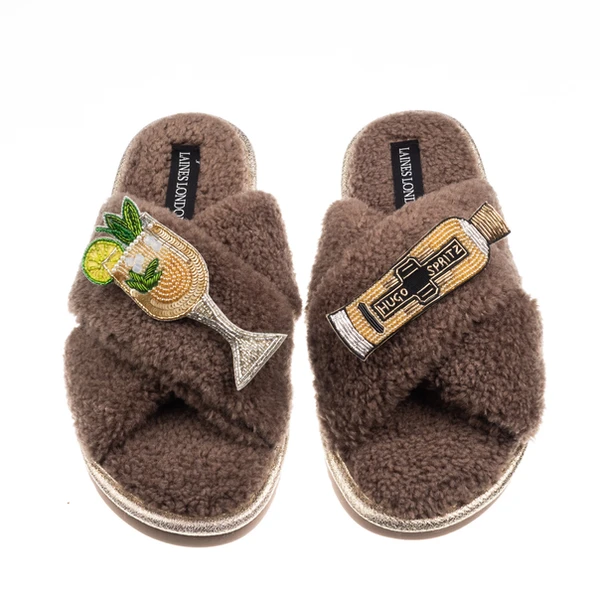 Laines London Laines Neutral Boucle Slippers With Hugo Spritz Brooches