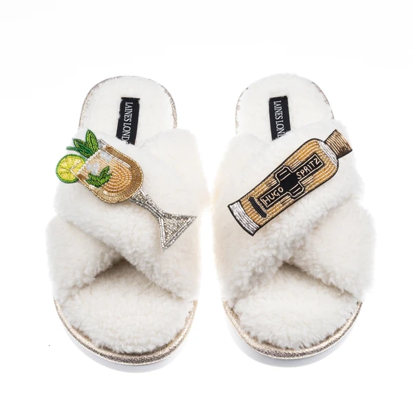 laines london Laines Neutral Boucle Slippers With Hugo Spritz Brooches