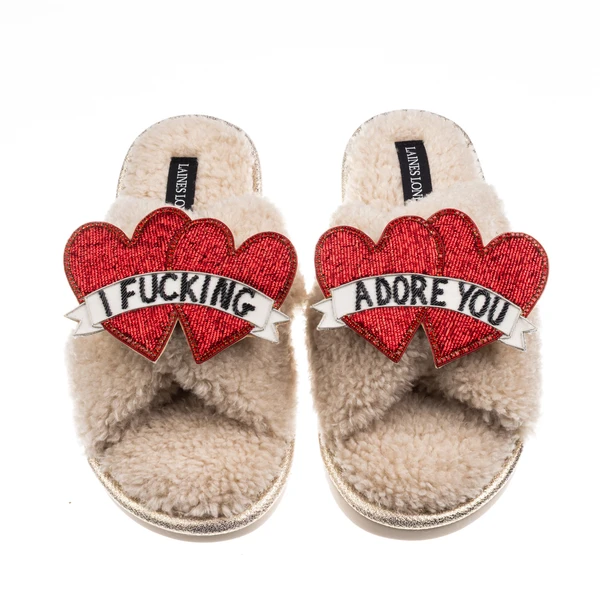 Laines London Laines Neutral Boucle Slippers With I Fucking Adore You Brooches