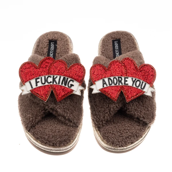 Laines London Laines Neutral Boucle Slippers With I Fucking Adore You Brooches
