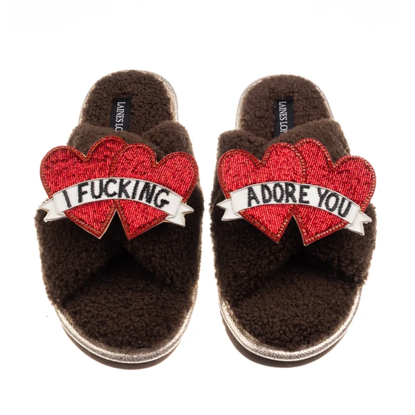Laines London Laines Neutral Boucle Slippers With I Fucking Adore You Brooches