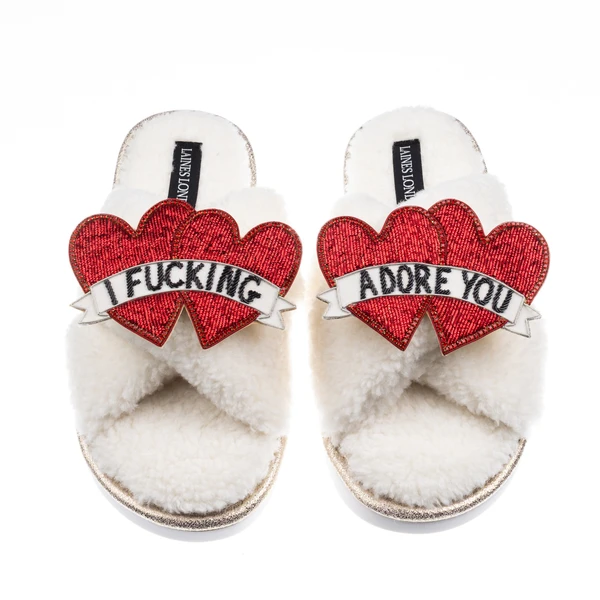 laines london Laines Neutral Boucle Slippers With I Fucking Adore You Brooches