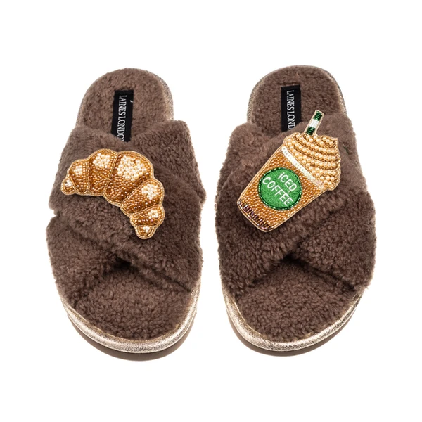 Laines London Laines Neutral Boucle Slippers With Iced Coffee & Croissant Brooches