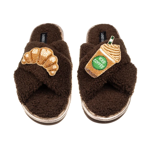 Laines London Laines Neutral Boucle Slippers With Iced Coffee & Croissant Brooches