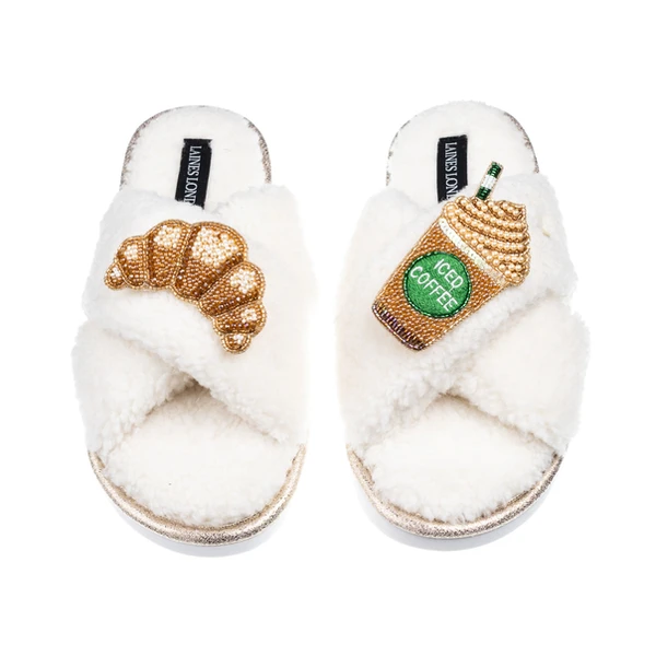 laines london Laines Neutral Boucle Slippers With Iced Coffee & Croissant Brooches