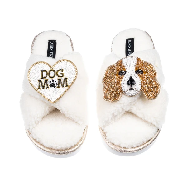 Laines London Laines Neutral Boucle Slippers With Lady The King Charles & Dog Mum/Mom Brooches