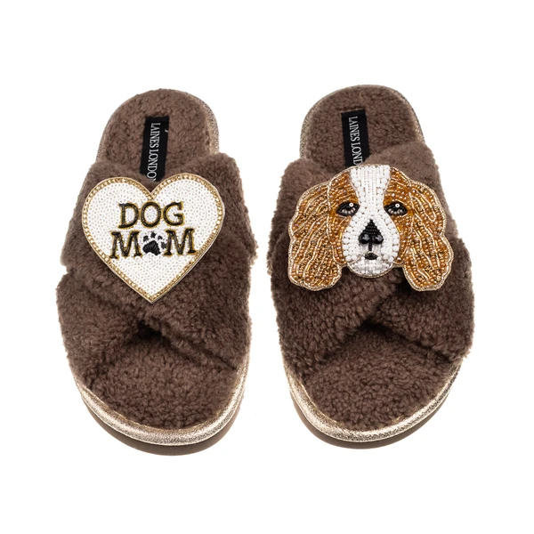 Laines London Laines Neutral Boucle Slippers With Lady The King Charles & Dog Mum/Mom Brooches