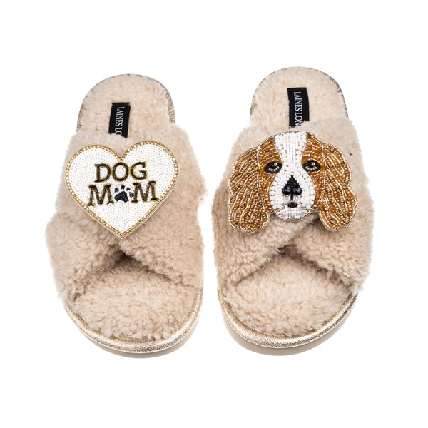 Laines London Laines Neutral Boucle Slippers With Lady The King Charles & Dog Mum/Mom Brooches