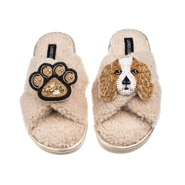 Laines London Laines Neutral Boucle Slippers With Lady The King Charles & Paw Brooches
