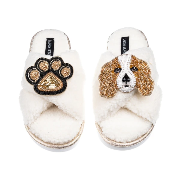 laines london Laines Neutral Boucle Slippers With Lady The King Charles & Paw Brooches
