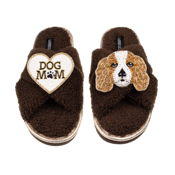 laines london Laines Neutral Boucle Slippers With Lady The King Charles & Dog Mum/Mom Brooches