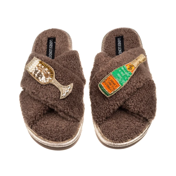 Laines London Laines Neutral Boucle Slippers With Laines Champers Brooches