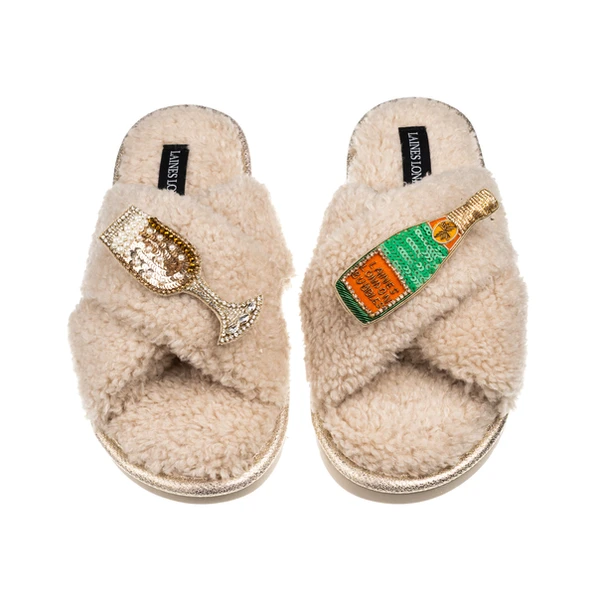 Laines London Laines Neutral Boucle Slippers With Laines Champers Brooches