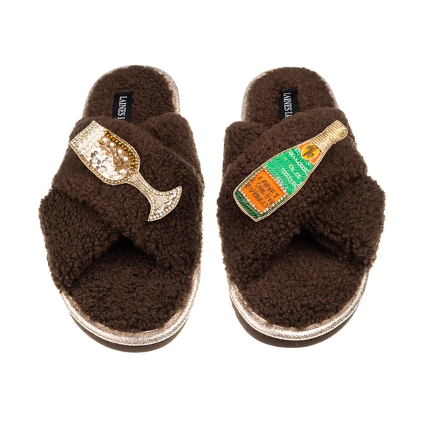 Laines London Laines Neutral Boucle Slippers With Laines Champers Brooches