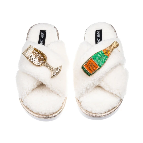 laines london Laines Neutral Boucle Slippers With Laines Champers Brooches