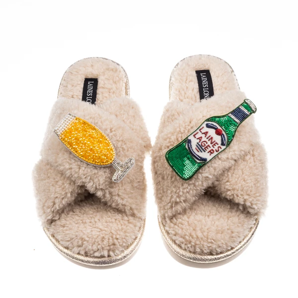Laines London Laines Neutral Boucle Slippers With Laines Italian Lager Brooches