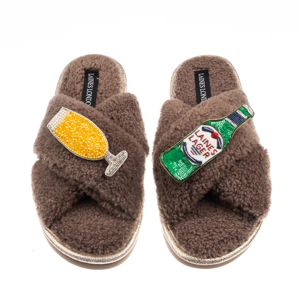 Laines London Laines Neutral Boucle Slippers With Laines Italian Lager Brooches