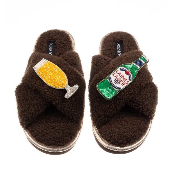 Laines London Laines Neutral Boucle Slippers With Laines Italian Lager Brooches