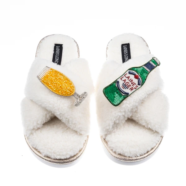 laines london Laines Neutral Boucle Slippers With Laines Italian Lager Brooches
