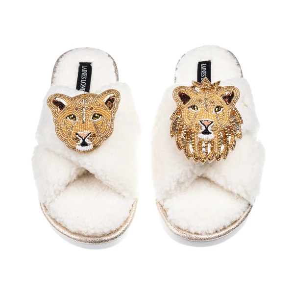 Laines London Laines Neutral Boucle Slippers With Lion & Lioness Brooches