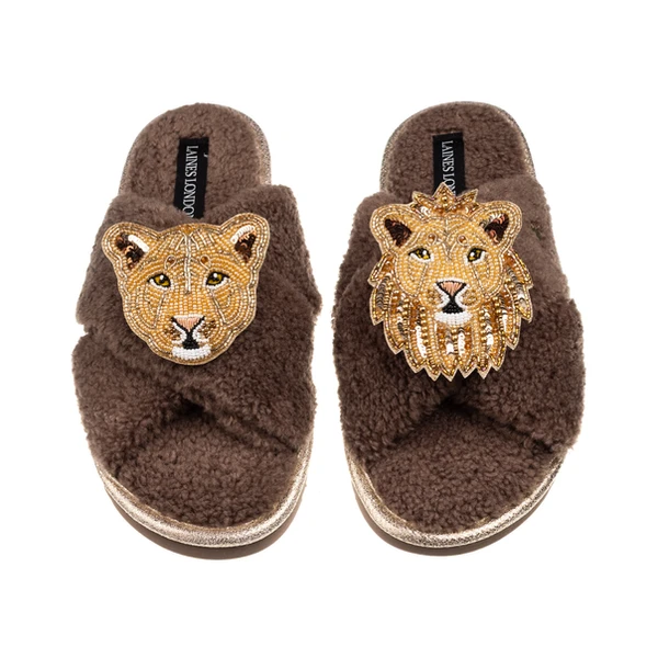 laines london Laines Neutral Boucle Slippers With Lion & Lioness Brooches laines london Laines Neutral Boucle Slippers With Lion & Lioness Brooches