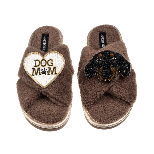 Laines London Laines Neutral Boucle Slippers With Little Sausage & Dog Mum / Mom Brooches