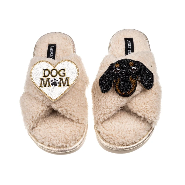 Laines London Laines Neutral Boucle Slippers With Little Sausage & Dog Mum / Mom Brooches