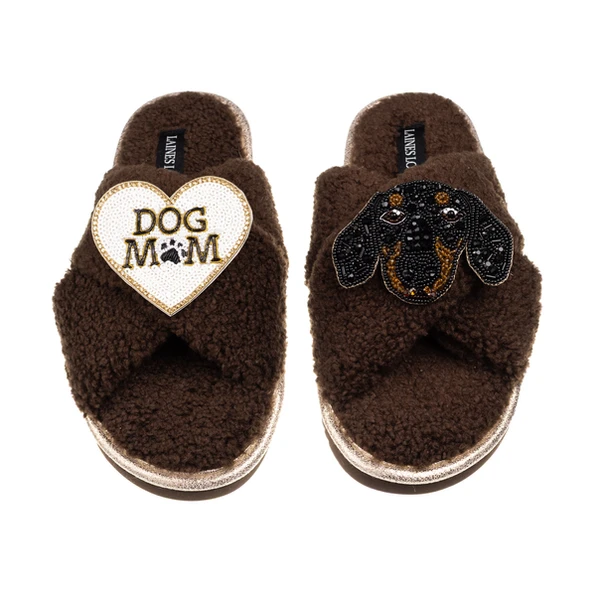 Laines London Laines Neutral Boucle Slippers With Little Sausage & Dog Mum / Mom Brooches