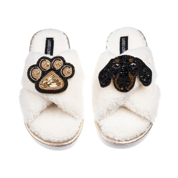 Laines London Laines Neutral Boucle Slippers With Little Sausage & Paw Brooches