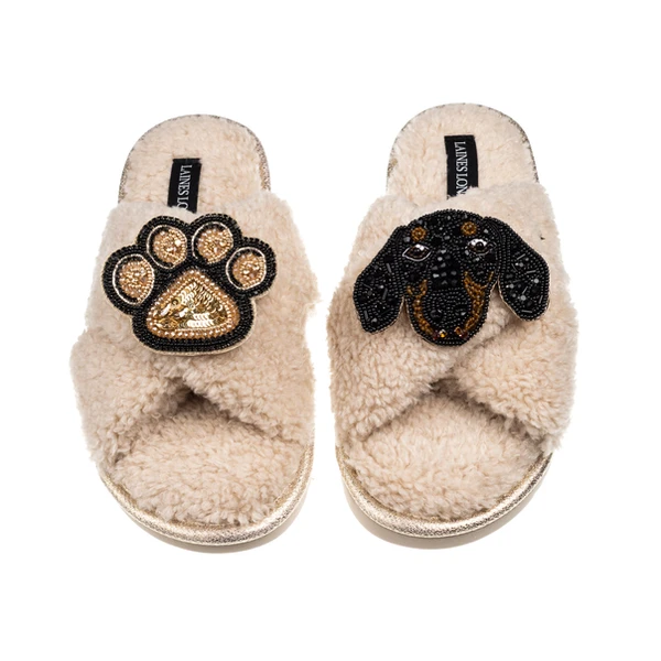 Laines London Laines Neutral Boucle Slippers With Little Sausage & Paw Brooches