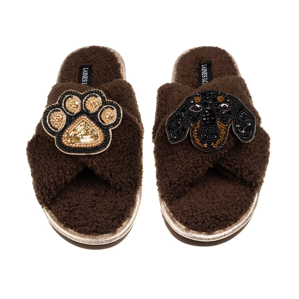 Laines London Laines Neutral Boucle Slippers With Little Sausage & Paw Brooches