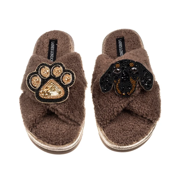laines london Laines Neutral Boucle Slippers With Little Sausage & Paw Brooches