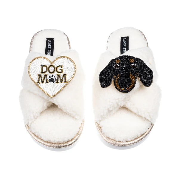laines london Laines Neutral Boucle Slippers With Little Sausage & Dog Mum / Mom Brooches