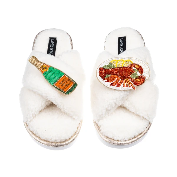 Laines London Laines Neutral Boucle Slippers With Lobster Platter & Champagne Bottle Brooches